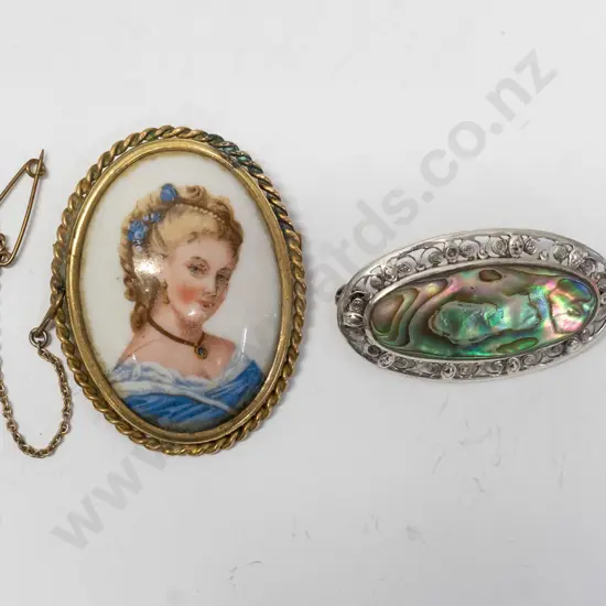 Limoges brooch with safety chain & silver paua shell brooch staamped stgsil