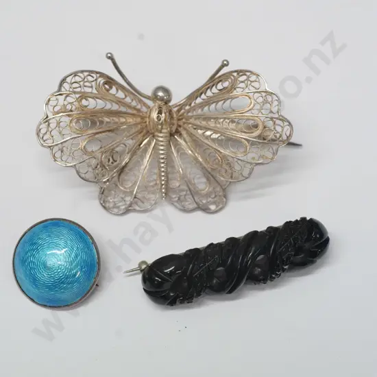 blue enamel brooch [stamped 'anchor, lion, r ], filagreee butterfly brooch & jet bar brooch