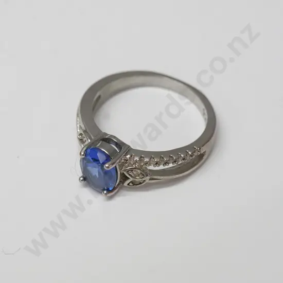 silver sapphire & cz dress ring stamped 925