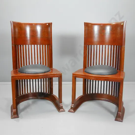 pair of deco style rosewood curved slat back chairs with leather seat H960 W560 D520