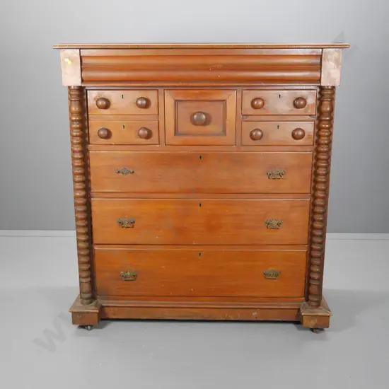 vintage (kauri?) 8-drawer Scotch chest, mixed handle style, one is missing drop, polish needs work H1370 W1260 D560