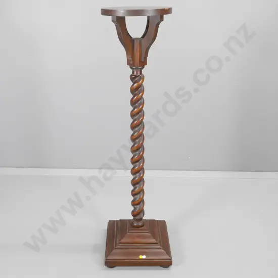 large oak & mahogany stand w/ Jacobean twist column, round top, square base, minor splits H-1230 330x330 at base