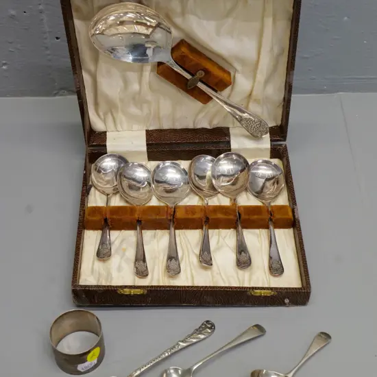 sterling silver napkin ring & small ladle, spoon marked "Montana Silver", hallmarked spoon & a cased plated fruit set