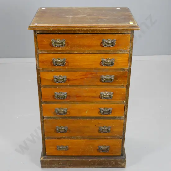 beech small 7-drawer storage chest with metal drop handles - polish needs work on top H-850 W-500 D-335