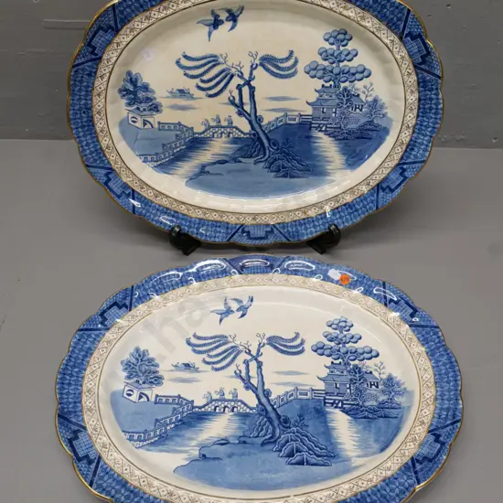2 very large Booths Real Old Willow oval platters - one has staining, each L-470 W-370