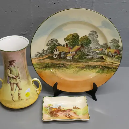 Royal Doulton Shakespeare ware Orlando handled vase H-200, Rustic England small dish & a cabinet plate