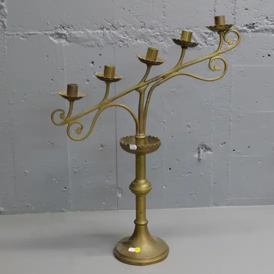 brass ecclesiastical style 5-candle candelabra - made by EJ Dwyer Sydney - slightly bent out of alignment H600 W470