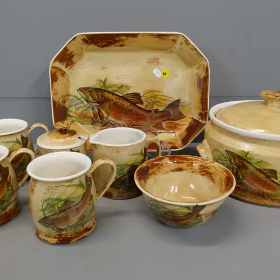 assorted Robert Gordon Australia trout themed dinnerware - lidded casserole, plate, 3 mugs, milk & sugar, honey pot