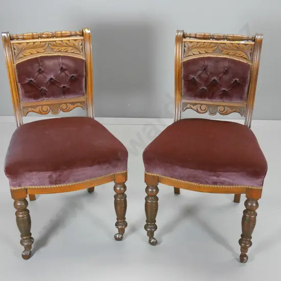 pair of vintage mahogany framed dining chairs w/ carved back, deep button purple velvet, modern casters H910 W500 D480