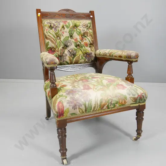 Edwardian mahogany armchair w/ carved frame, original casters, some fading to printed linen, loose trim H940 W660 D610