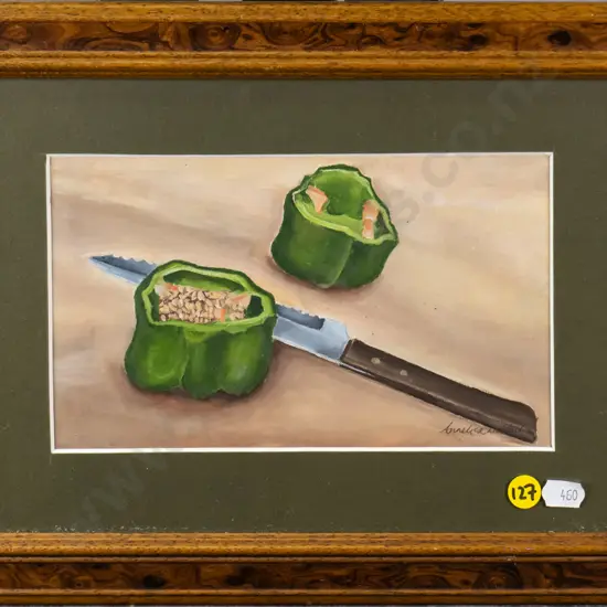 framed watercolour - still life - capsicums and knife H-120 W-210