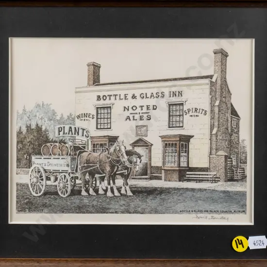 framed and signed print - horses and cart in front of inn H-160 W-190