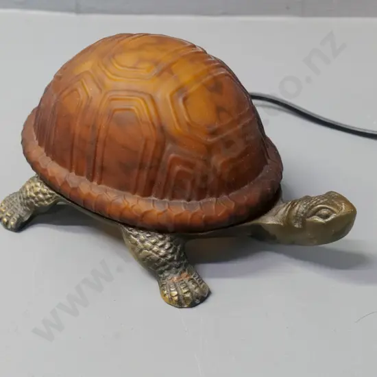 modern turtle table lamp with frosted mottled amber glass shade on cast metal base H-110 L-210