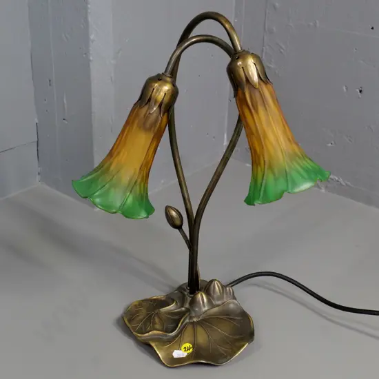 reproduction deco style waterlily table lamp with orange and green shades H-430