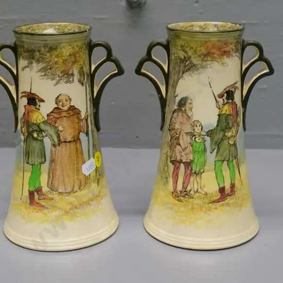 pair of Royal Doulton 'Under the Greenwood Tree' handled vases H-190 - small glaze rub on rim