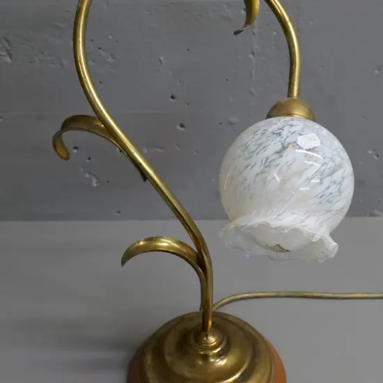 retro small brass and wood-based table lamp with frilled clear & white shade H-420 W-270