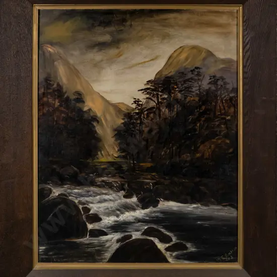 ME Simpson 1903 - framed oil - river and mountain scene H-760 W-600