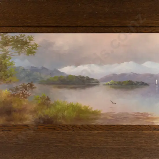 JC Veitch - framed colonial oil on canvas - lake scene H-320 W-750