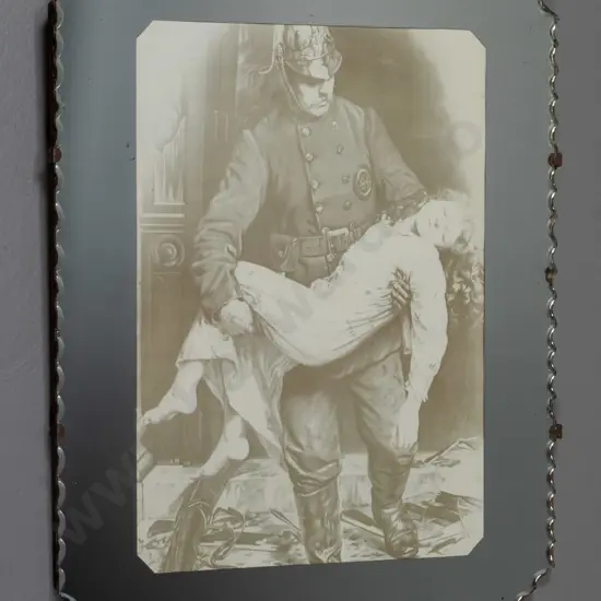 retro scalloped edge picture mirror - fireman and child H-460 W-360