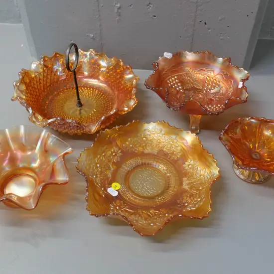 5 marigold carnival glass dishes & bowls including handled bowl H-140 Diameter 240