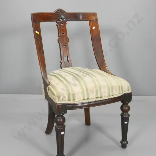 Victorian mahogany carved splat back dining chair - fading to damask fabric, a bit loose in joints H870 W480 D520
