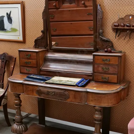 restorer's Victorian walnut & burr veneer dressing table missing trim piece & handles, split to base,  H1640 W1200 D450