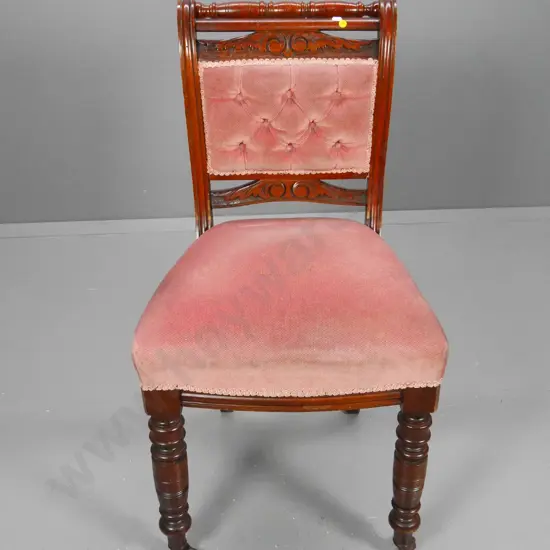 vintage mahogany frame dining chair w/ deep button carved back, pink velvet, porcelain casters H910 W480 D460