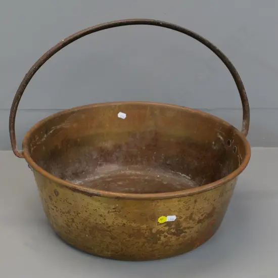 vintage large brass jam pan with surface corrosion to handle H-370 W-450