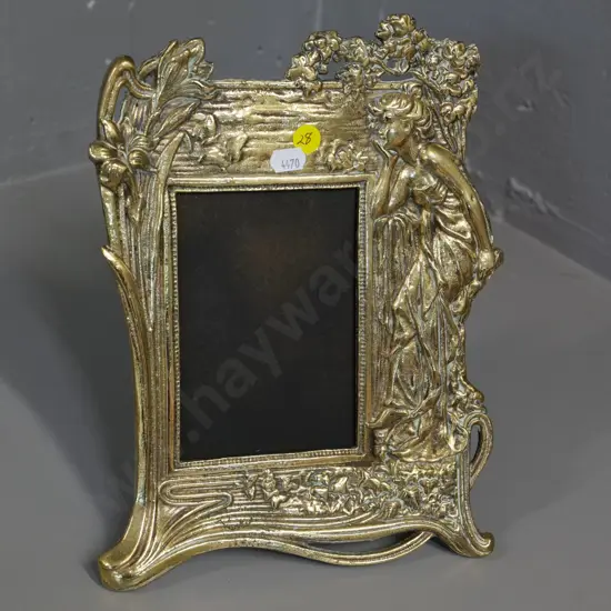 heavy art nouveau brass figural photo frame with back stand, no glass - H-280 W-200