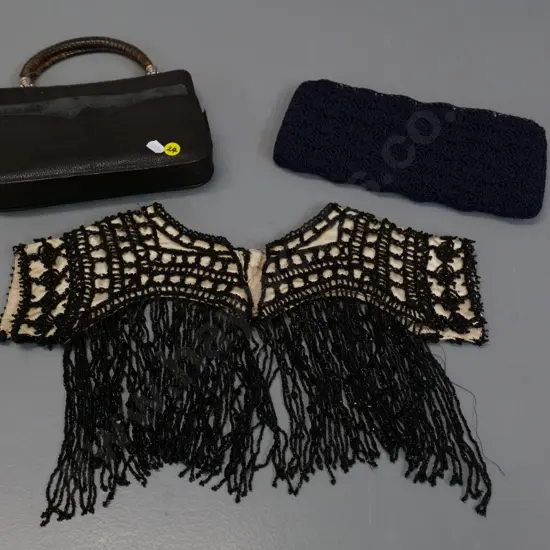 vintage beaded and fringed collar H-220 L-380, beaded clutch purse, and a small leather bag