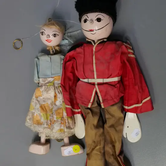 2 vintage marionettes with timber heads, hands & feet - guardsman and woman - overall age wear - taller is H350