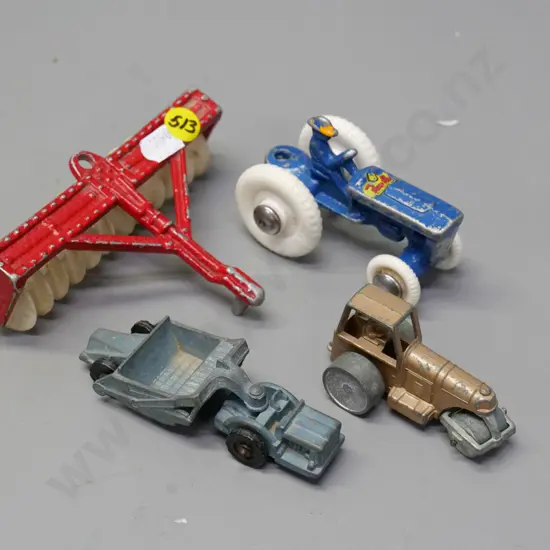 small Fun Ho farm tractor, non-matched larger trailer of discs, and 2 small Fun Ho road work vehicles