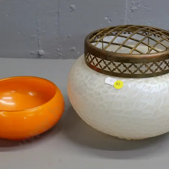 frosted glass bubble effect rose bowl with brass holder H-180 D-240 and a small orange glass bowl