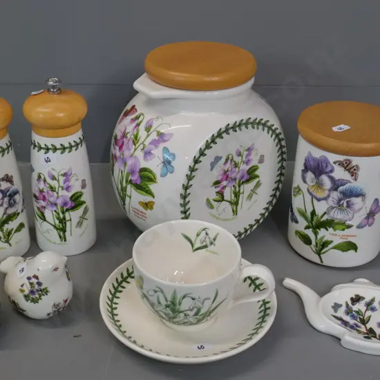 Portmeirion Botanic Garden items - cookie jar H-190, storage jar, salt & pepper grinders, bird shape salt & pepper etc.