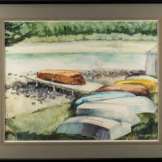 P Langford 85 - framed watercolour - dinghies H-320 W-430