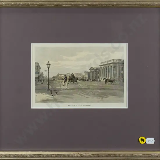 framed hand coloured engraving "Thames Street, Oamaru" H-110 W-180