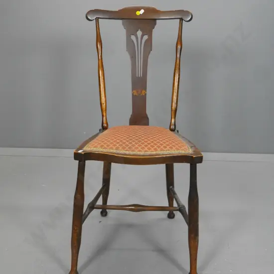 vintage mahogany bedroom chair with fretted & marquetry back splat, velvet seat, some loose joints H860 W400 D400