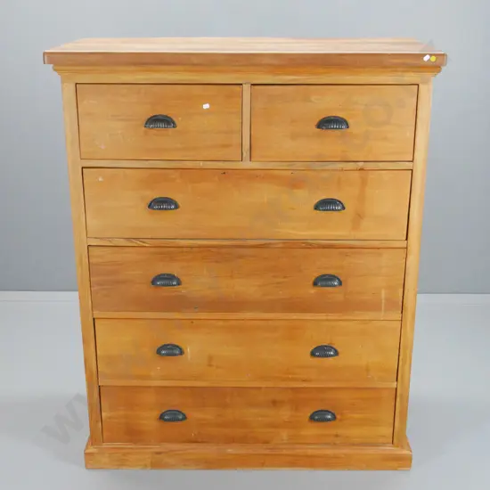 vintage rimu 6-drawer Scotch chest w/ metal shell handles. Polish needs work H-1360 W-1100 D-480