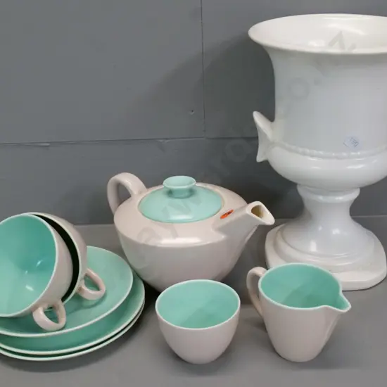 Poole tea for two minus one saucer and a white urn vase marked 2077 (Crown Lynn? Beswick?) H-240