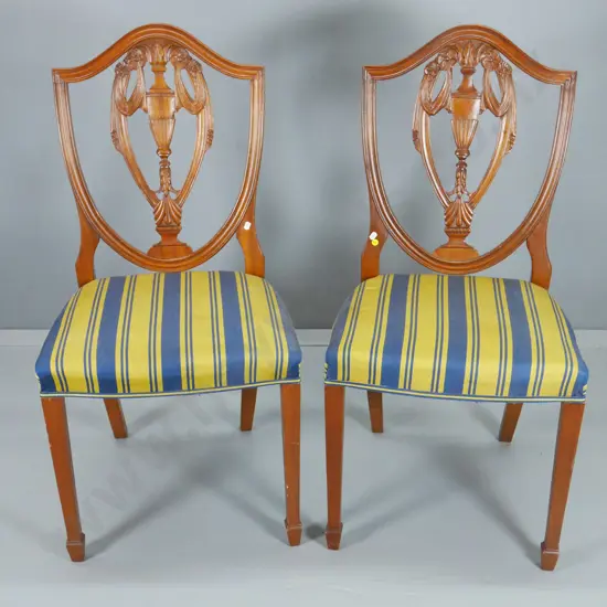 pair of mahogany reproduction Regency style dining chairs w/ striped satin seats H-970 W-440 D-440