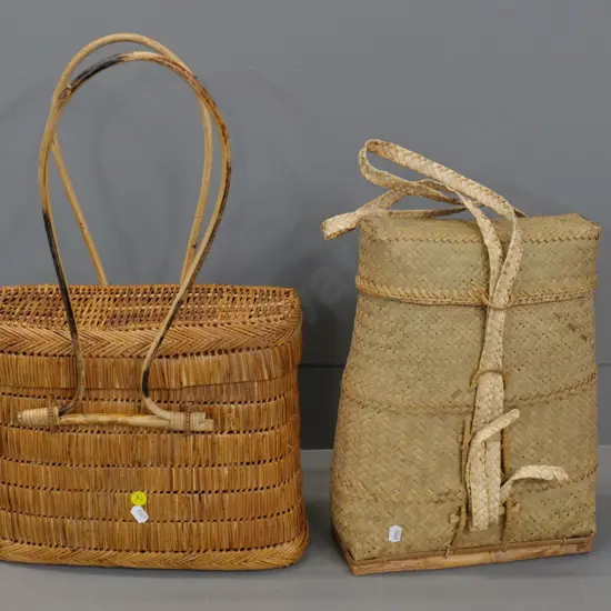 2 woven lidded baskets from Borneo - one with cane handles H-340