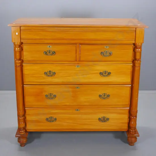 vintage rimu 6-drawer Scotch chest w/original brass handles, escutcheons (no key) splits, gouge on side H1210 W1220 D520
