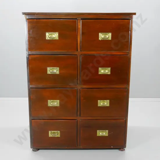 vintage mahogany 8-drawer filing cabinet with brass campaign handles - some damage,repairs, finish wear H1320 W960 D680