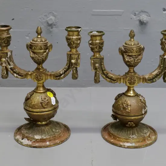 pair of ornate cast brass twin candle holders with urn centres - candle wax residue - each H-230 W-170