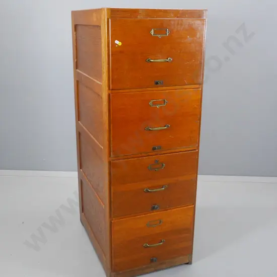 vintage oak 4-drawer filing cabinet with brass handles and label holders - marks to finish H-1340 W480 D700
