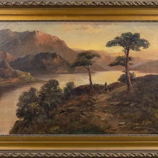 A Lewis 1914 - framed oil on canvas - females walking on path by lake (age damage) H-500 W-750