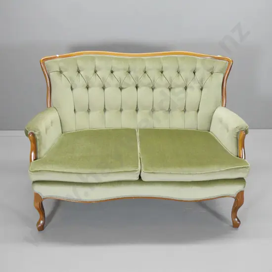 2-seater period style mahogany framed deep-button back settee in light green velvet - H-860 W-1230 D-600