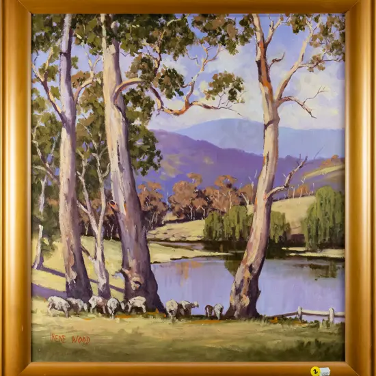 Irene Wood - framed oil - sheep grazing H-500 W-440