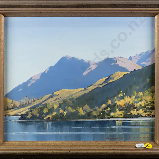 Alan D Cooke 1974 - framed oil  "Calm Morning, Wilson Bay, Lake Wakatipu" H-240 W-300