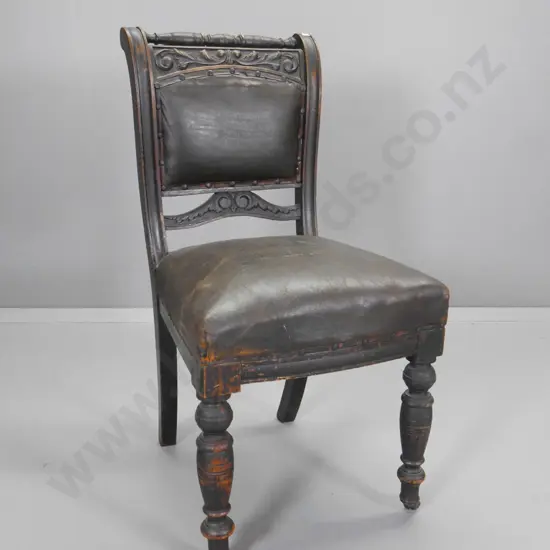 vintage dining chair with carved and turned back, studded leather seat & back, porcelain casters. Wear H910 W460 D430